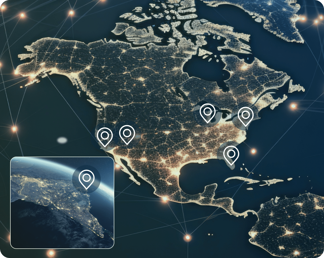 A digitally rendered map of North America at night shows a network of illuminated cities and connections. Several map pins indicate specific locations in the U.S. and Canada. An inset image highlights a zoomed-in section of the west coast around California.