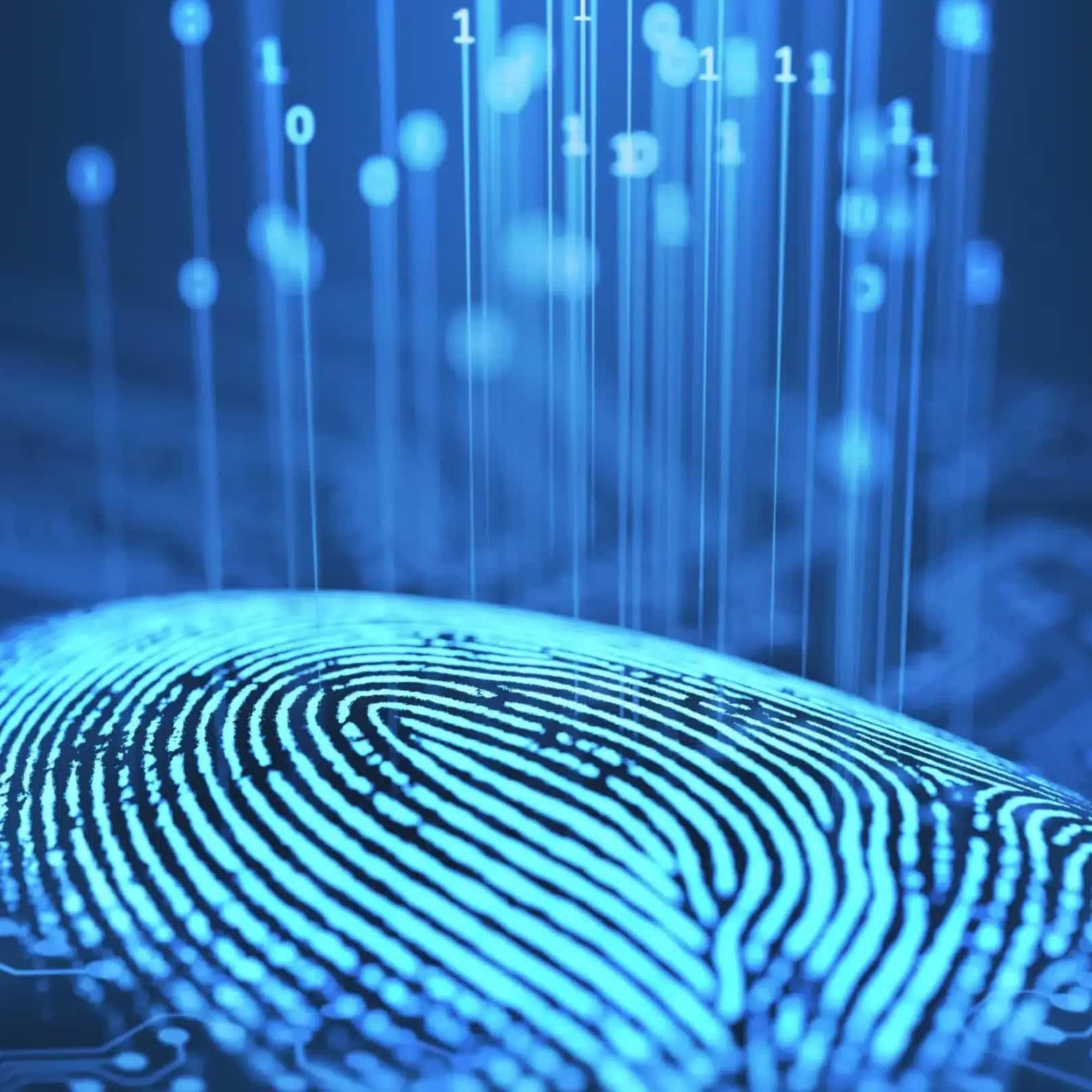 A close-up of a glowing blue fingerprint on a dark background. Rising above the fingerprint are blue binary digits (0s and 1s), depicted as vertical lines of light. The image suggests a connection between biometrics and digital data.