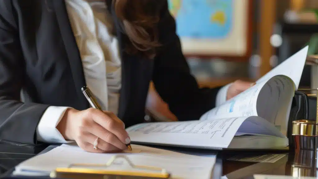 A person in a business suit sits at a desk, holding a pen and writing on papers working on data breach prevention. An open book or document is visible. The setting appears professional, with a blurred map in the background.